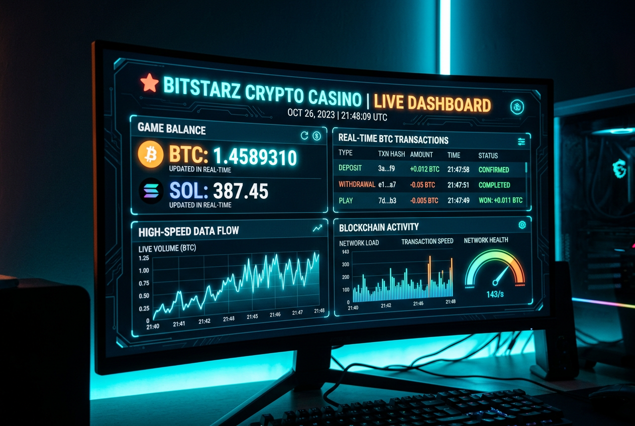 Moderní digitální rozhraní krypto kasina s vizualizací Bitcoinu a bleskových transakcí