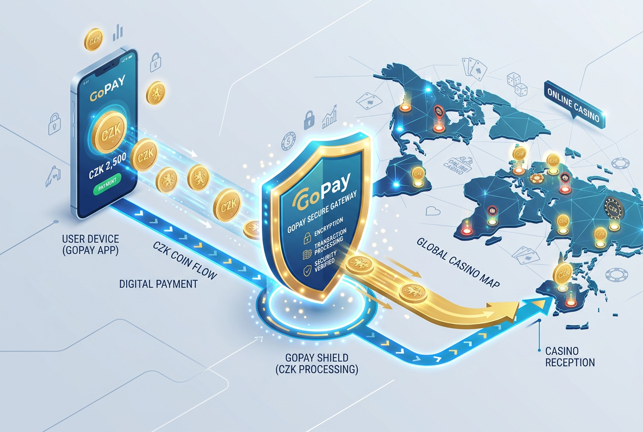 Diagram toku peněz z GoPay do mezinárodního kasina přes digitální bránu