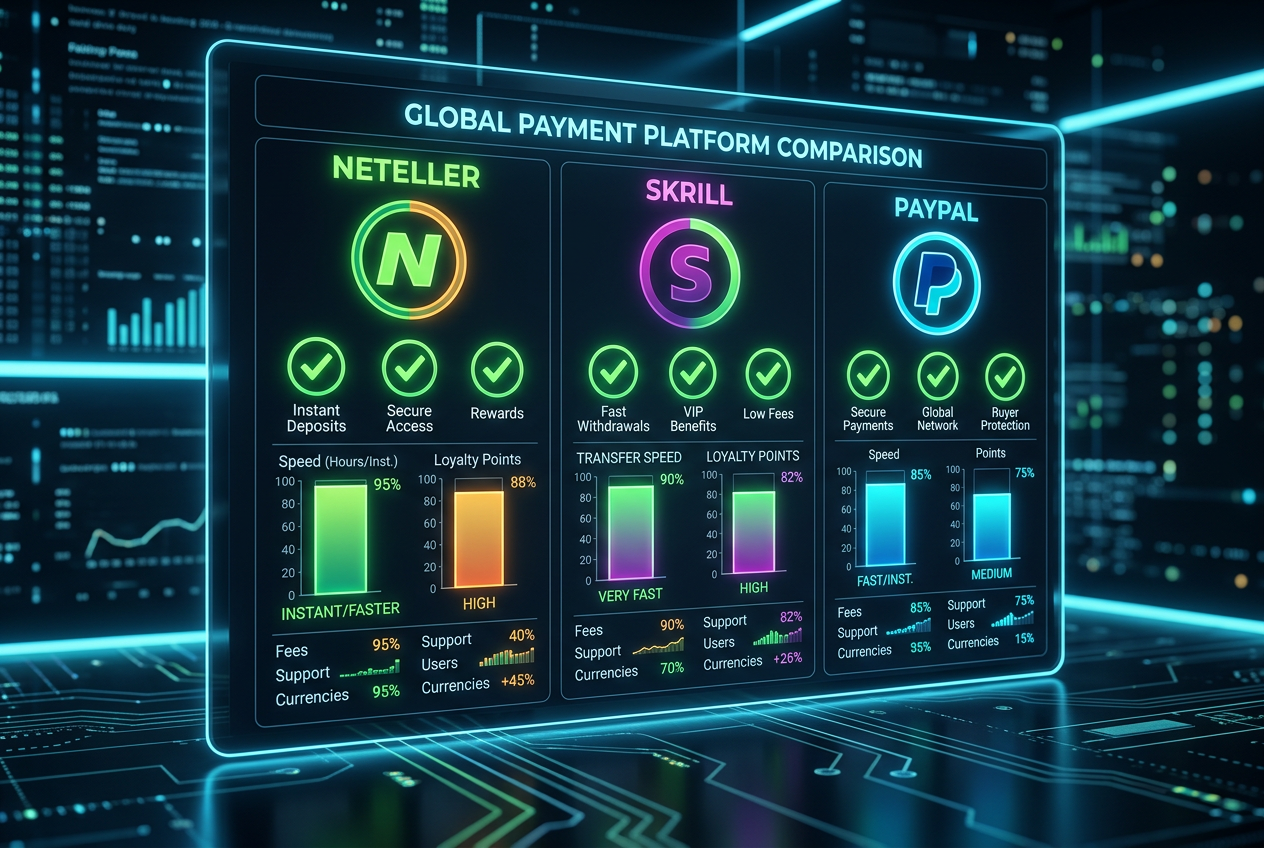 Srovnávací tabulka a dashboard platebních metod Neteller, Skrill a PayPal v moderním finančním designu.