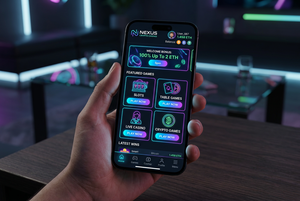 Moderní rozhraní online kasina na chytrém telefonu s futuristickým UI