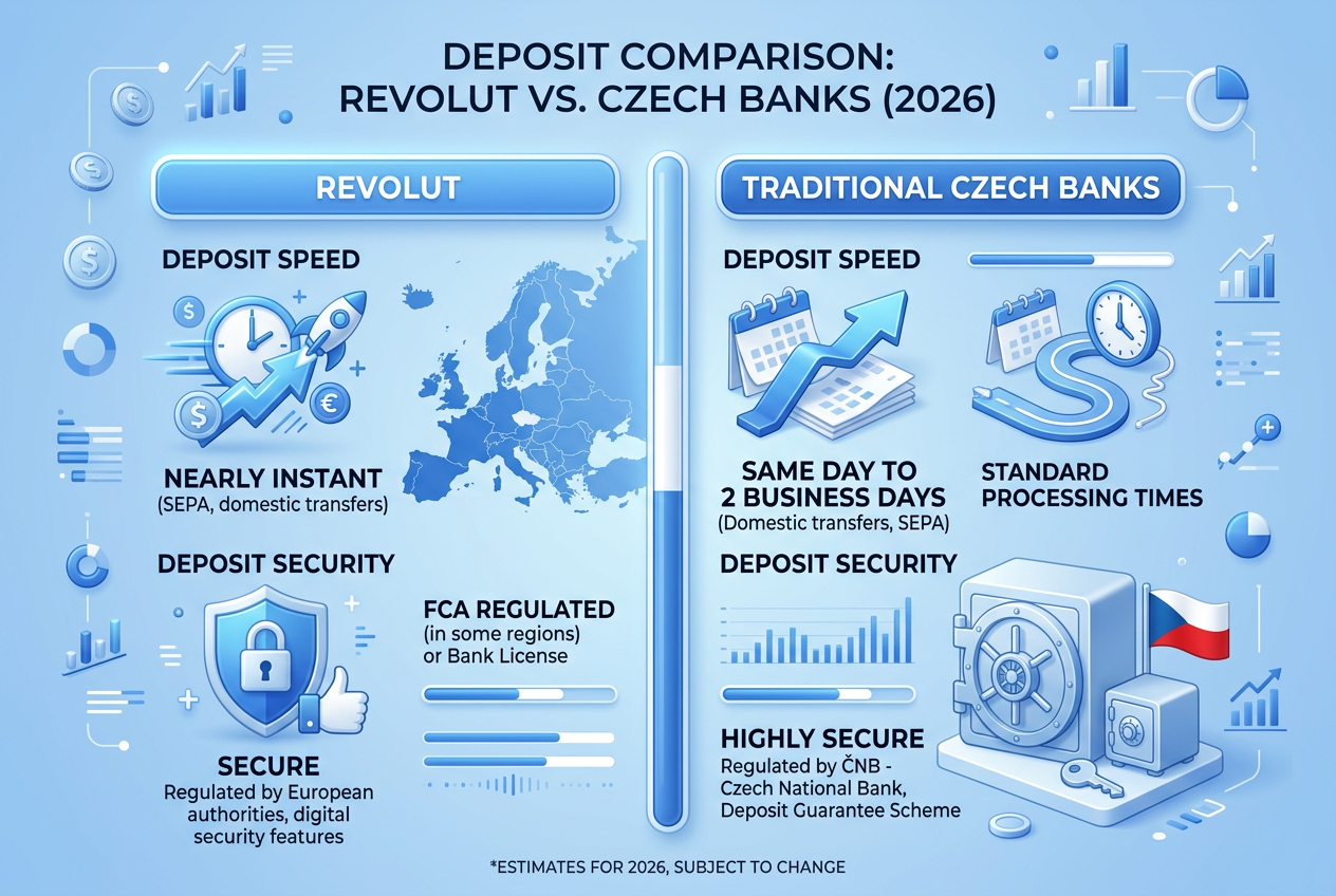 Srovnání rychlosti a bezpečnosti vkladů Revolut vs tradiční české banky v roce 2026