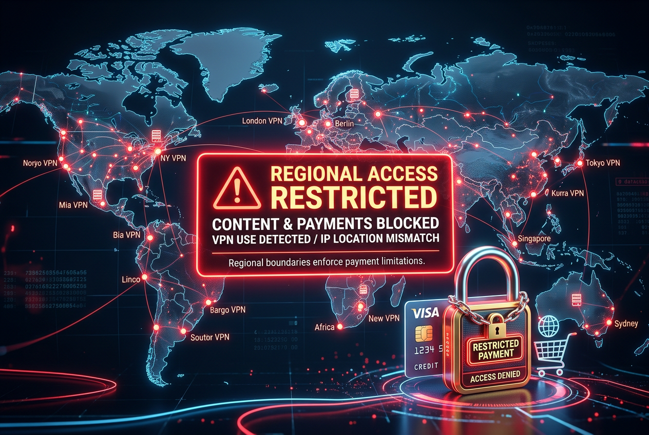 Digitální vizualizace zamčené platební brány s mapou VPN varující před regionálním omezením